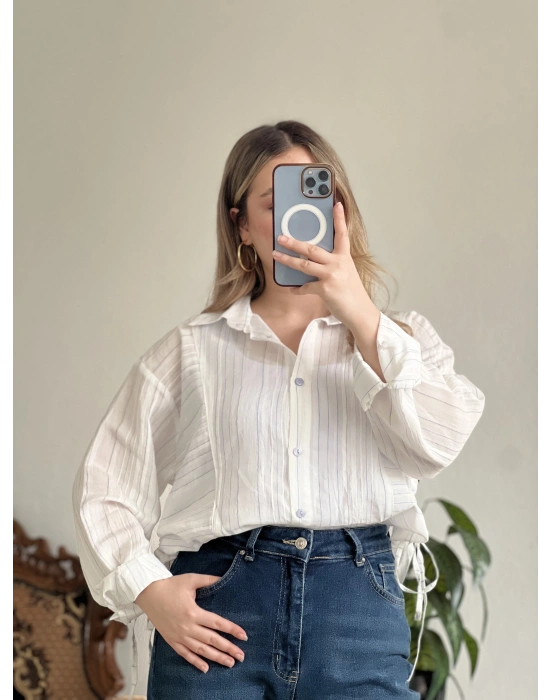 ÇİZGİLİ YANDAN BÜZGÜLÜ GÖMLEK