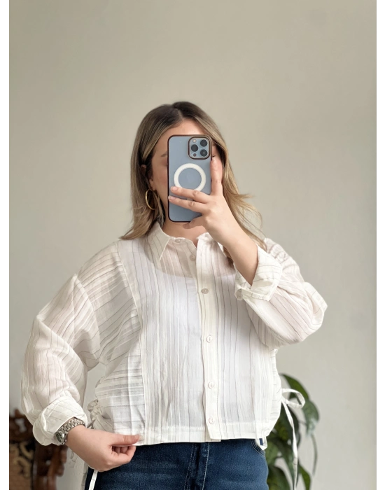 ÇİZGİLİ YANDAN BÜZGÜLÜ GÖMLEK