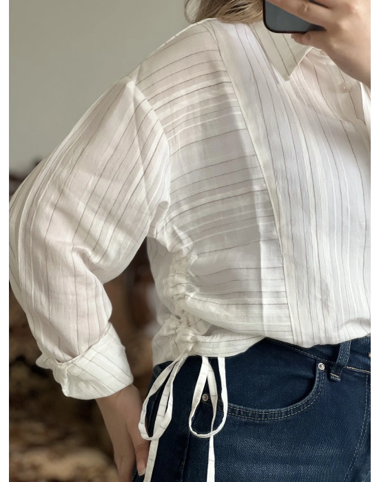 ÇİZGİLİ YANDAN BÜZGÜLÜ GÖMLEK