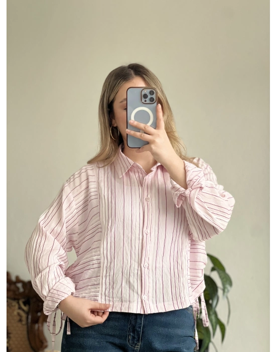 ÇİZGİLİ YANDAN BÜZGÜLÜ GÖMLEK