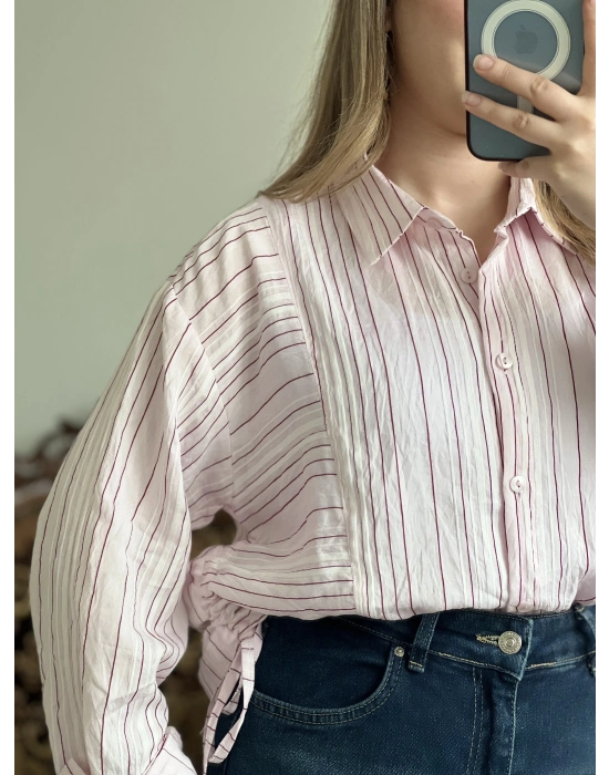 ÇİZGİLİ YANDAN BÜZGÜLÜ GÖMLEK