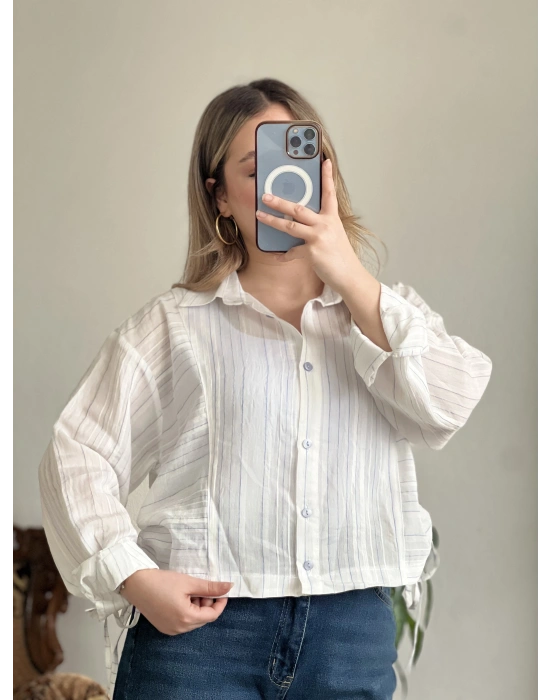 ÇİZGİLİ YANDAN BÜZGÜLÜ GÖMLEK