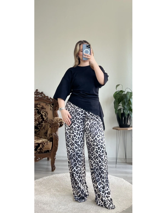 SİYAH-BEYAZ LEOPAR DESENLİ SATEN PANTOLON