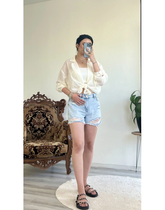 LAZER KESİM MOM DENİM ŞORT