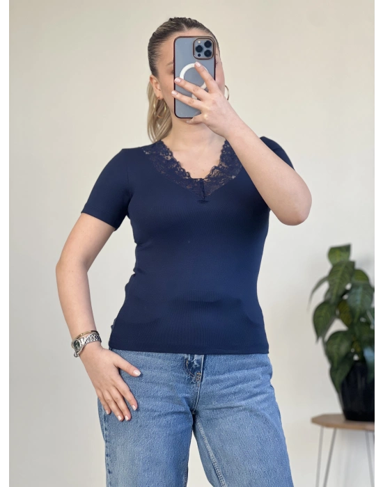 V YAKA DANTEL DETAY YARIM KOL BODY