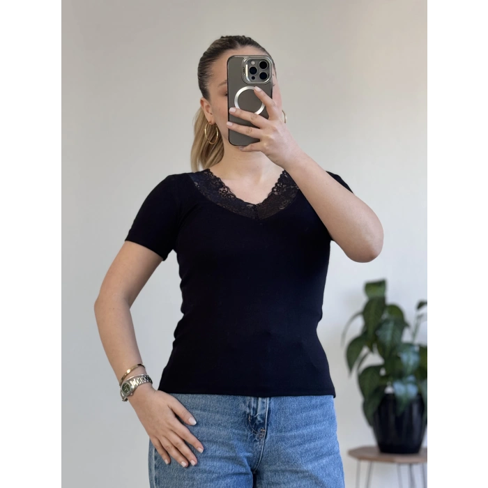 V YAKA DANTEL DETAY YARIM KOL BODY