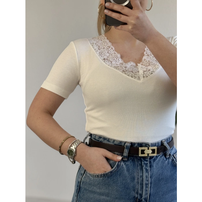 V YAKA DANTEL DETAY YARIM KOL BODY