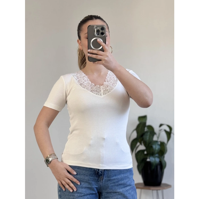 V YAKA DANTEL DETAY YARIM KOL BODY