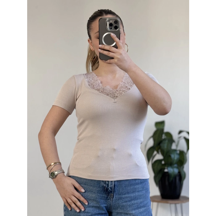 V YAKA DANTEL DETAY YARIM KOL BODY