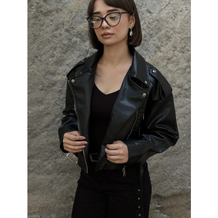 KISA KEMERLİ DERİ CEKET