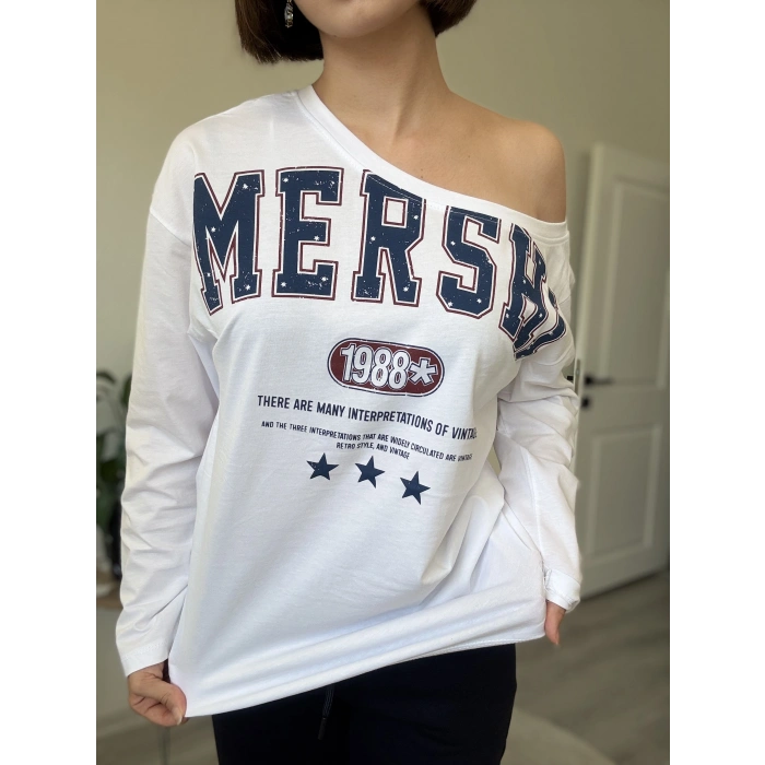 TEK OMUZ MERSHI ASİMETRİK BASKILI BLUZ