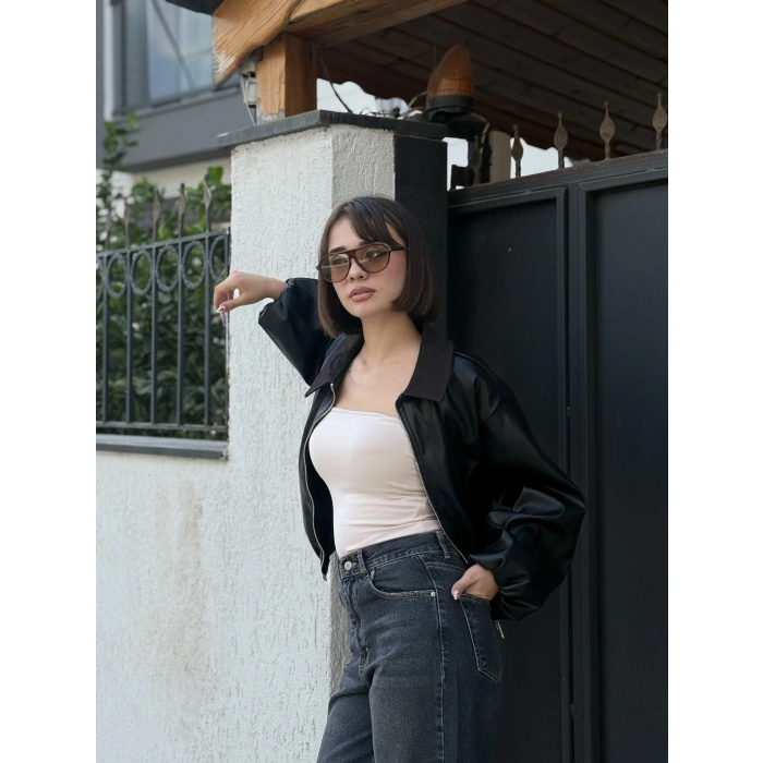 YAKA GARNİLİ DERİ CEKET