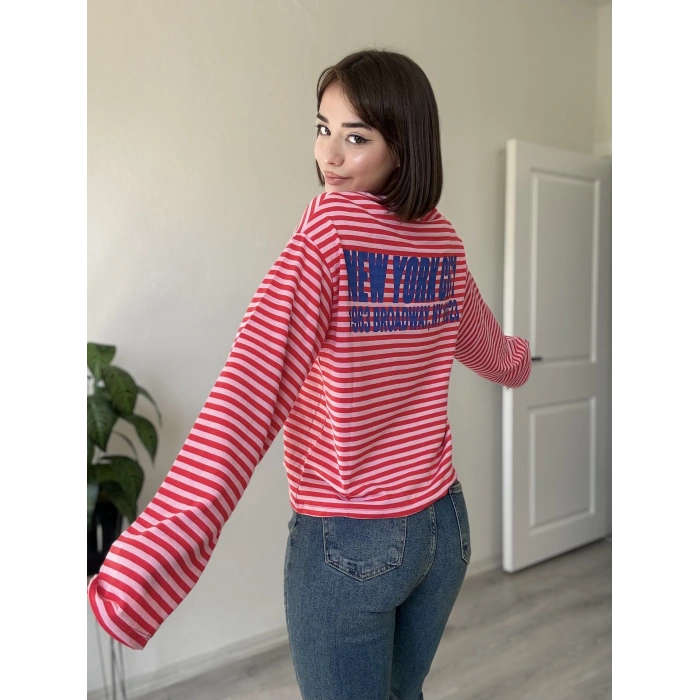 NEW YORK BASKILI KIRMIZI PEMBE ÇİZGİLİ SWEAT