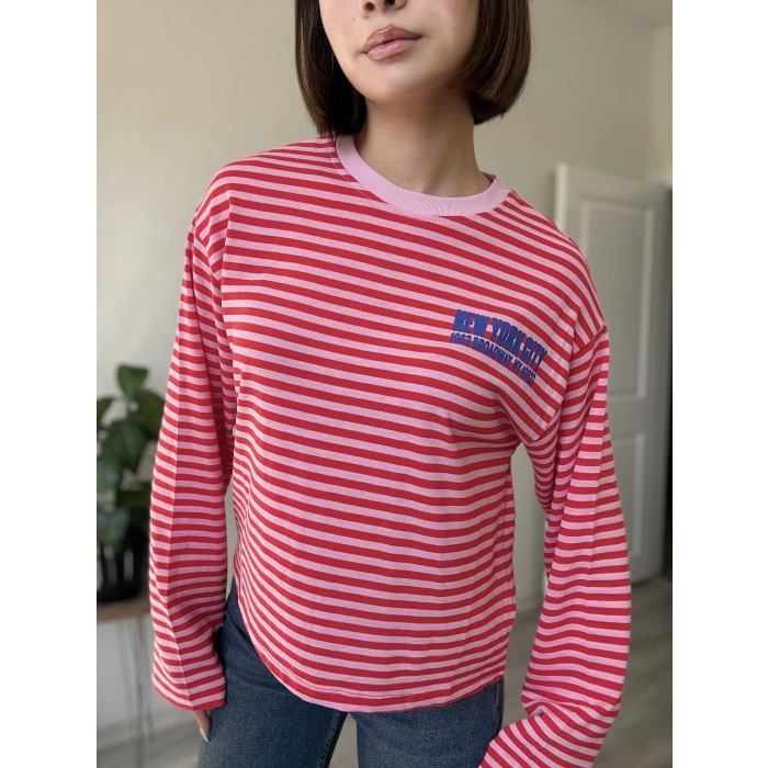 NEW YORK BASKILI KIRMIZI PEMBE ÇİZGİLİ SWEAT