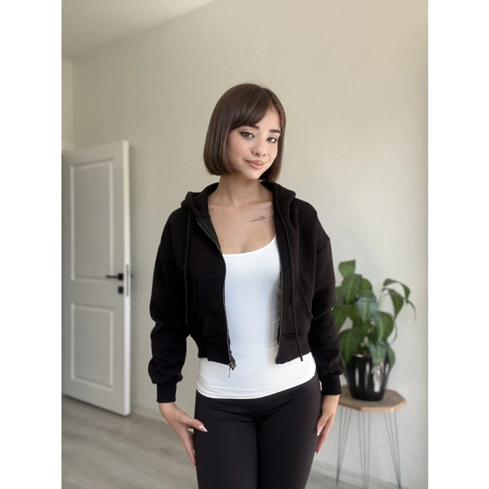 ÜÇ İPLİK CROP FERMUARLI HIRKA