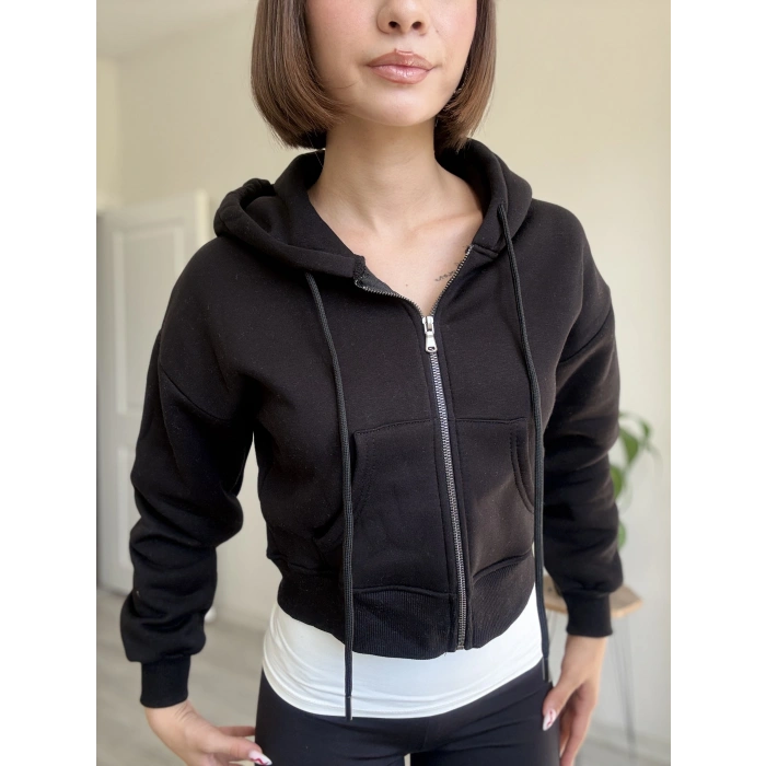 ÜÇ İPLİK CROP FERMUARLI HIRKA