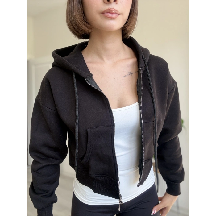 ÜÇ İPLİK CROP FERMUARLI HIRKA