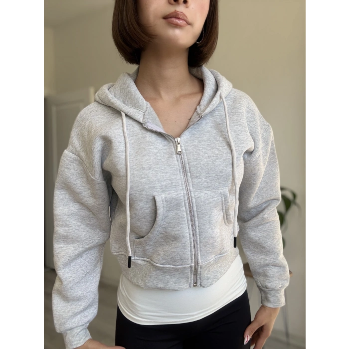 ÜÇ İPLİK CROP FERMUARLI HIRKA