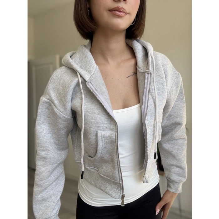 ÜÇ İPLİK CROP FERMUARLI HIRKA