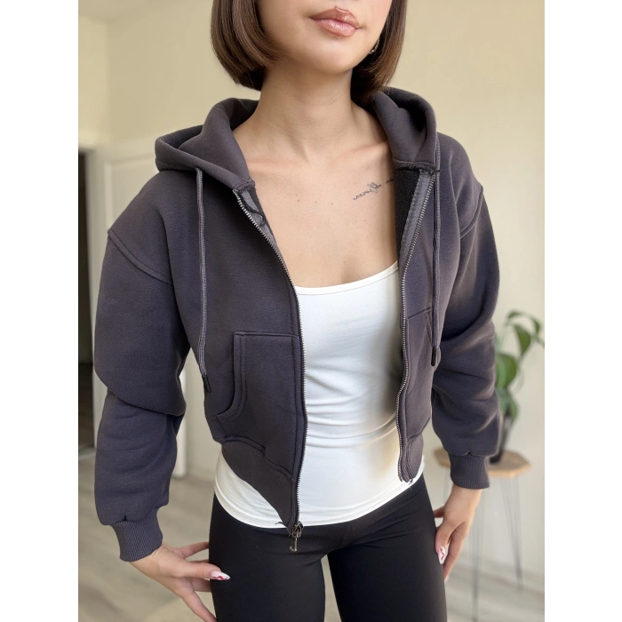 ÜÇ İPLİK CROP FERMUARLI HIRKA