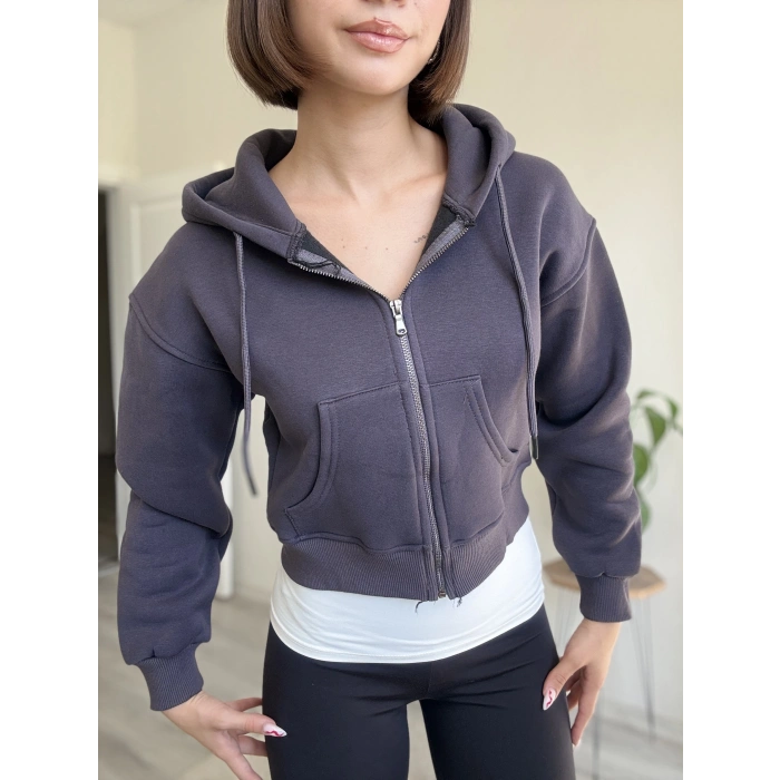ÜÇ İPLİK CROP FERMUARLI HIRKA
