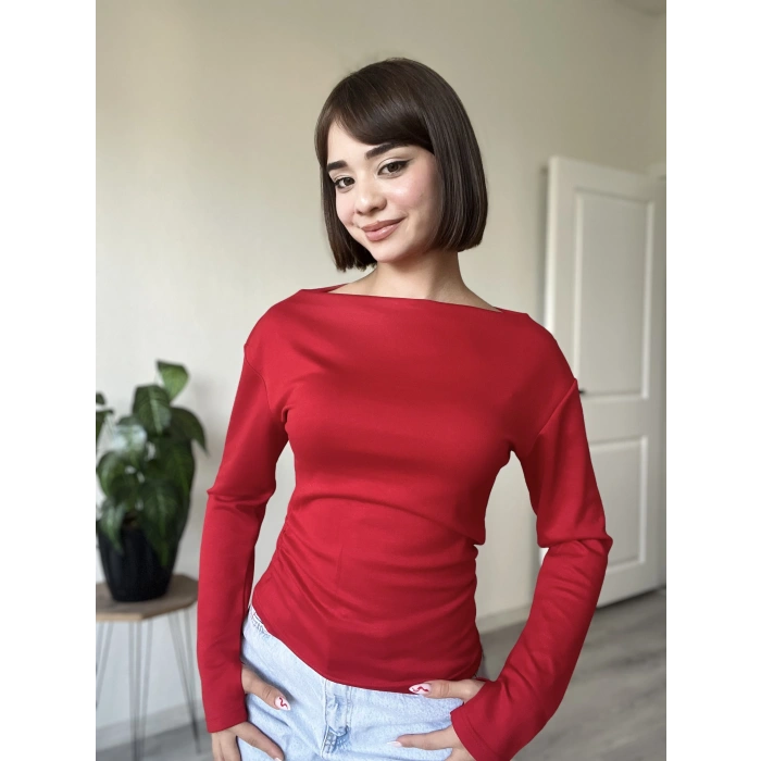 İKİ YANI BÜZGÜLÜ KAYIK YAKA BLUZ