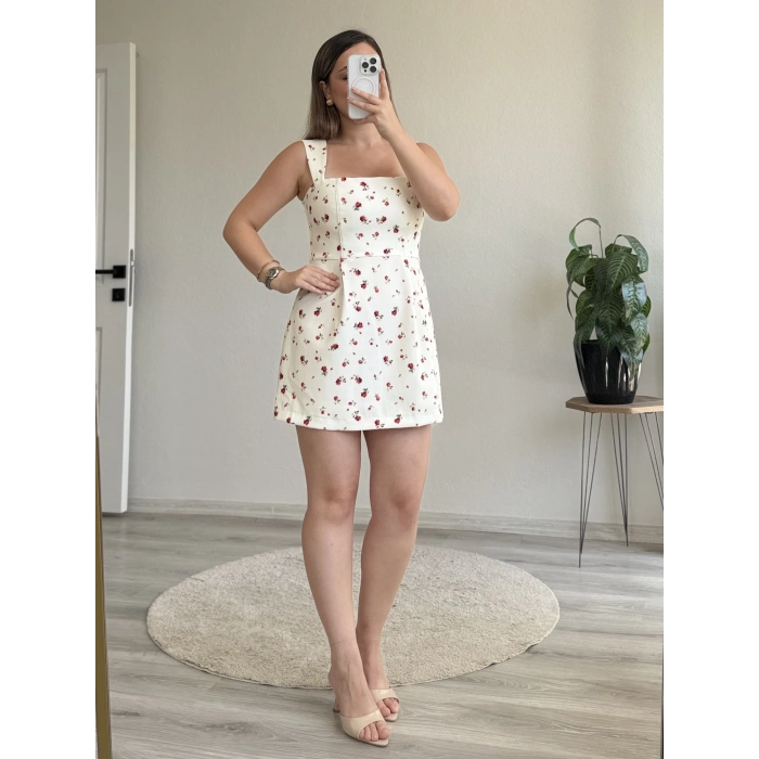 GÜL DESENLİ KARE YAKA MİNİ ELBİSE