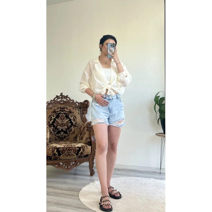 LAZER KESİM MOM DENİM ŞORT