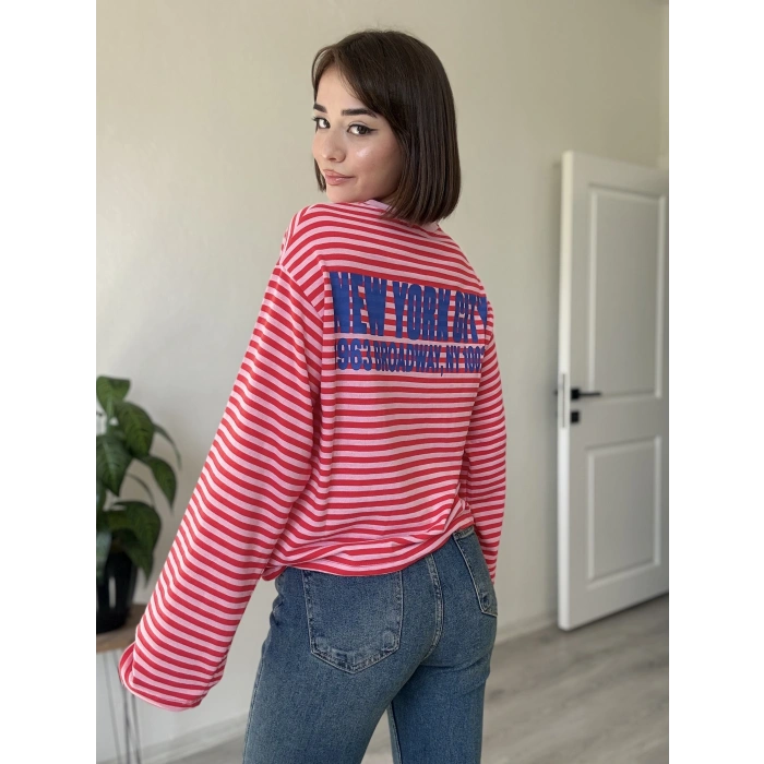 NEW YORK BASKILI KIRMIZI PEMBE ÇİZGİLİ SWEAT