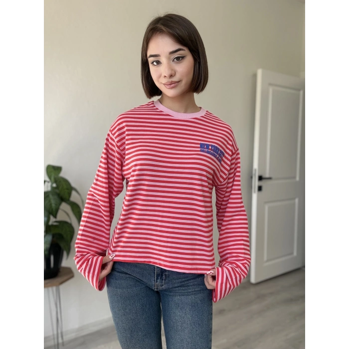 NEW YORK BASKILI KIRMIZI PEMBE ÇİZGİLİ SWEAT