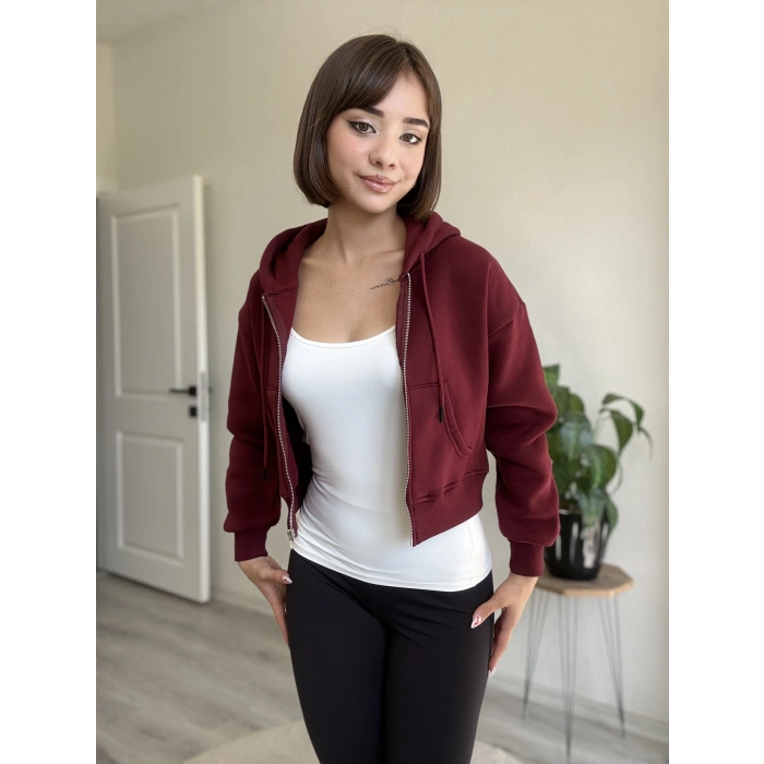 ÜÇ İPLİK CROP FERMUARLI HIRKA