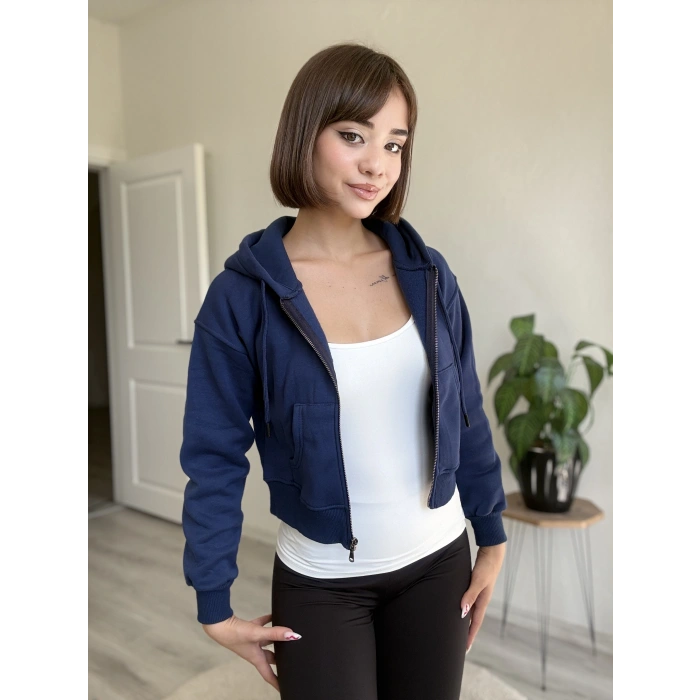 ÜÇ İPLİK CROP FERMUARLI HIRKA