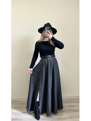 KEMERLİ YIRTMAÇ DETAYLI UZUN ETEK