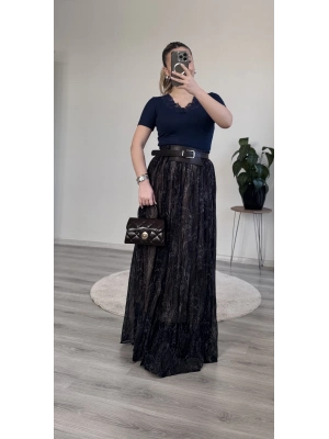 KALIN KEMERLİ DESENLİ ŞİFON PİLELİ ETEK – ASTARLI