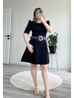 PUF KOLLU GOLD TOKA KEMERLİ MİNİ ELBİSE