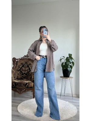 KAHVE ÇİZGİLİ GÖMLEK