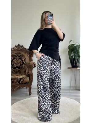 SİYAH-BEYAZ LEOPAR DESENLİ SATEN PANTOLON