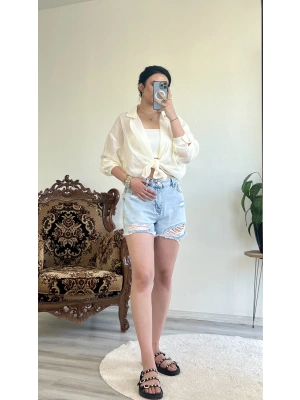 LAZER KESİM MOM DENİM ŞORT