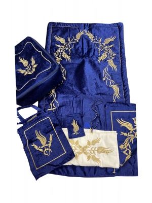 Lacivert Maraş İşi Nakışlı Kadife Seccade Çeyiz Seti