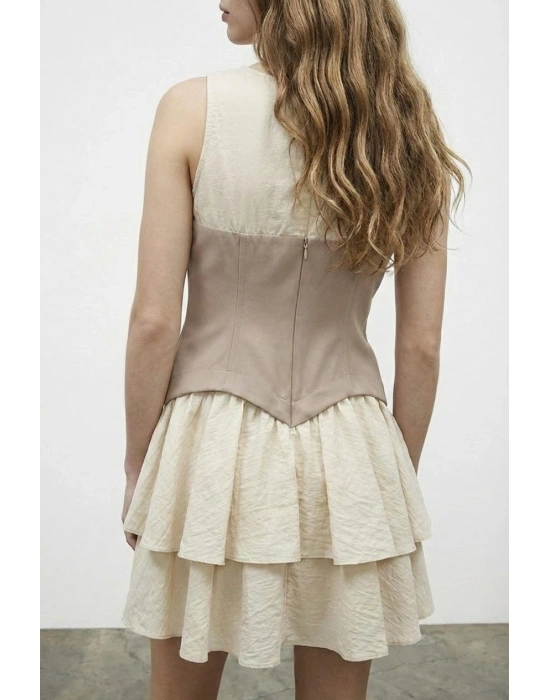 Korse Gold Düğme Detaylı Matchli Elbise Bej