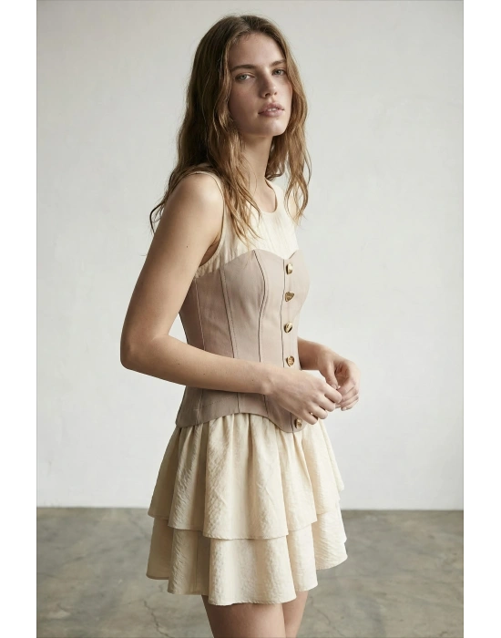 Korse Gold Düğme Detaylı Matchli Elbise Bej