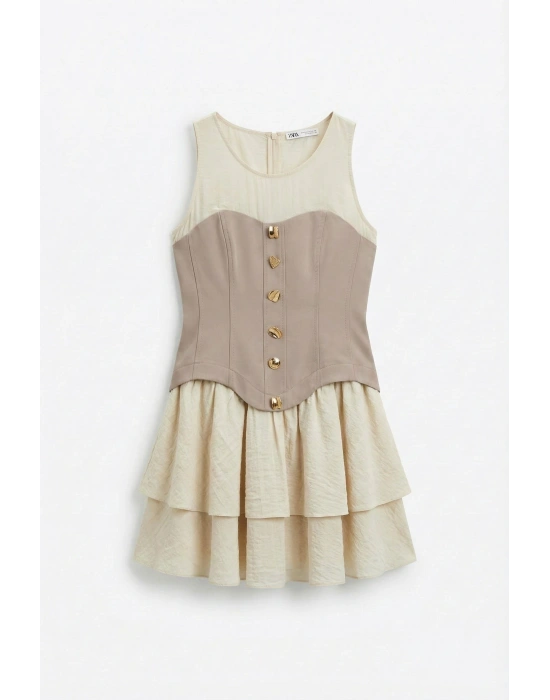 Korse Gold Düğme Detaylı Matchli Elbise Bej
