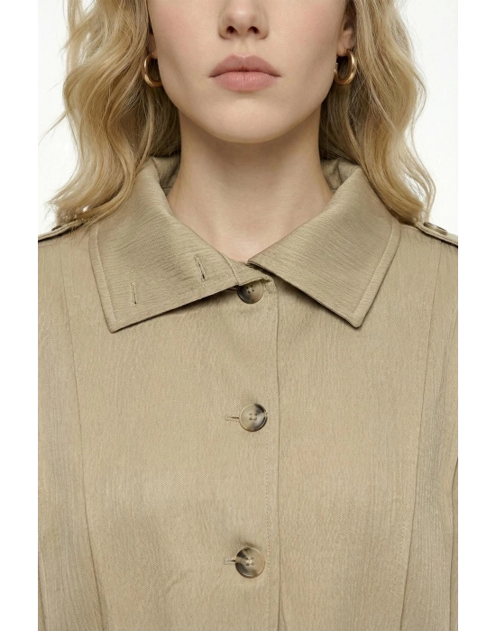 Dik Yaka Bomber Ceketli Biye Kemer Detaylı Bej Takım