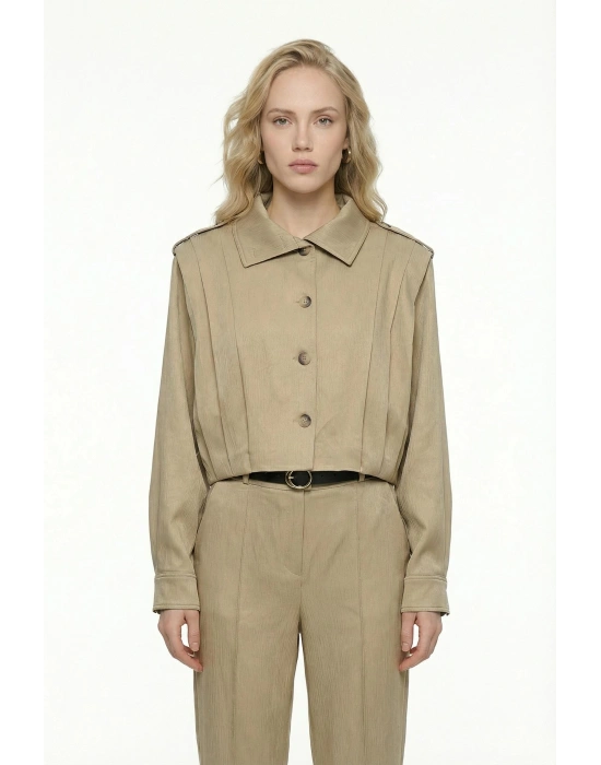 Dik Yaka Bomber Ceketli Biye Kemer Detaylı Bej Takım