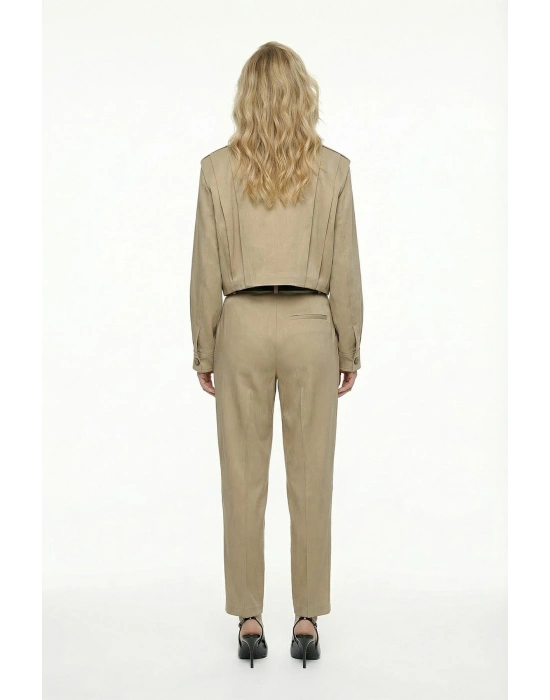 Dik Yaka Bomber Ceketli Biye Kemer Detaylı Bej Takım