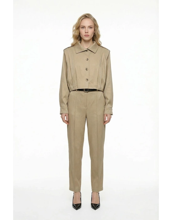 Dik Yaka Bomber Ceketli Biye Kemer Detaylı Bej Takım