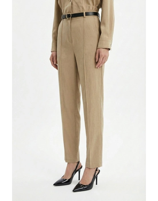 Dik Yaka Bomber Ceketli Biye Kemer Detaylı Bej Takım