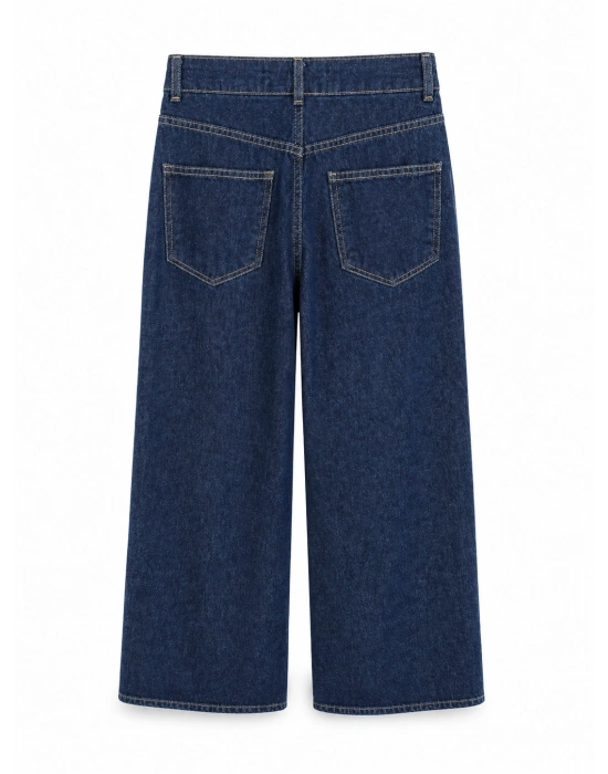 Yüksek Bel Yıkamalı Lacivert Wide Leg Jean