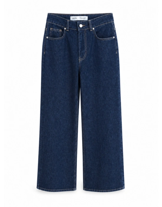 Yüksek Bel Yıkamalı Lacivert Wide Leg Jean