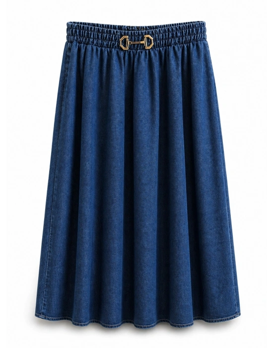 Gold Toka Detaylı Midi Boy Denim Etek